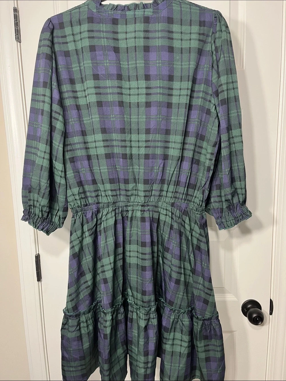 Simply Southern Plaid Tassel Tiered Mini Dress Green Purple Size M